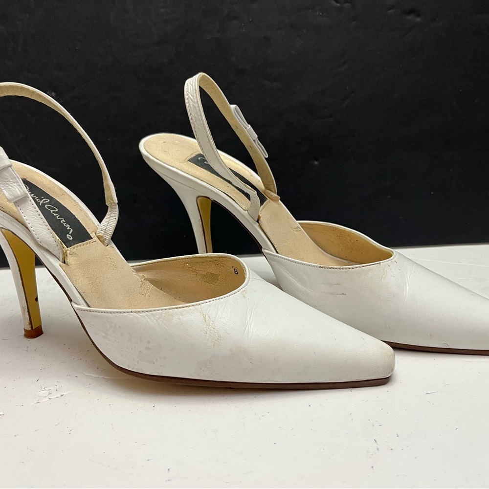 David Aaron White Leather Slingback 3” Heels Pumps Women's Shoes 8M